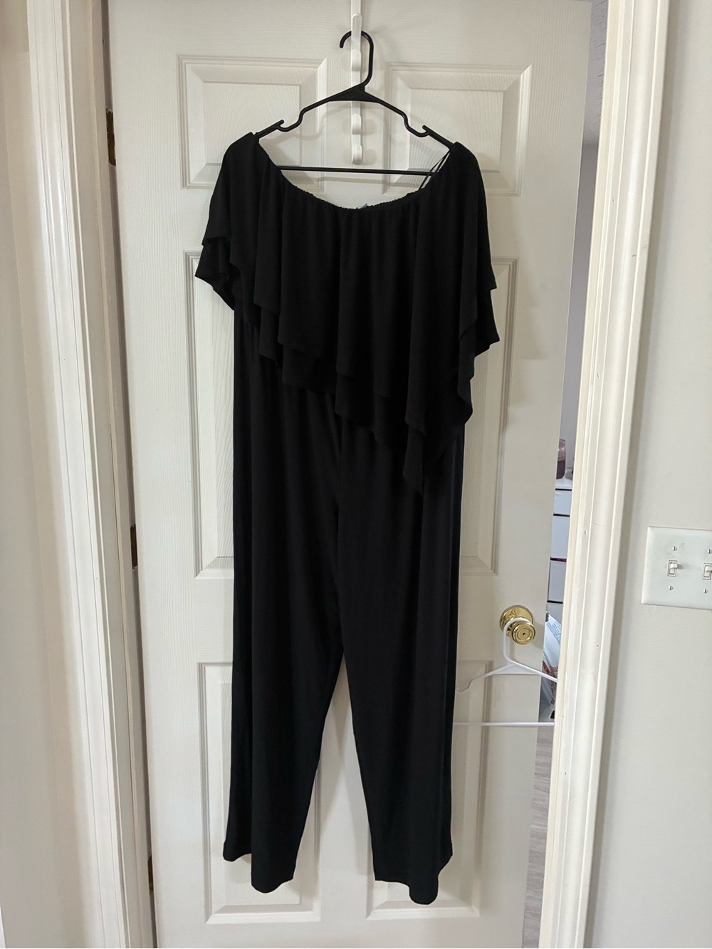 Emma & Michele Black Off-Shoulder Ruffle Romper Jumpsuit